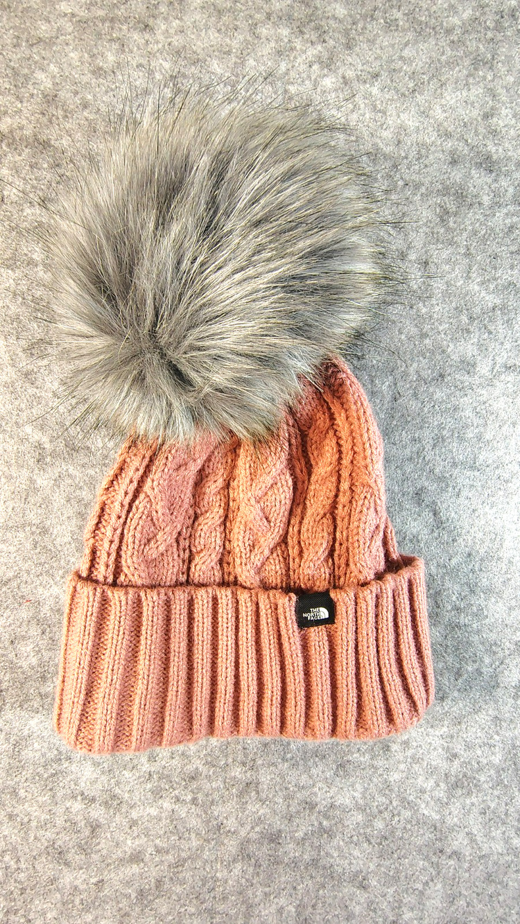 North Face Pink Knit Beanie with oversized Fauz-fur Pom NWOT